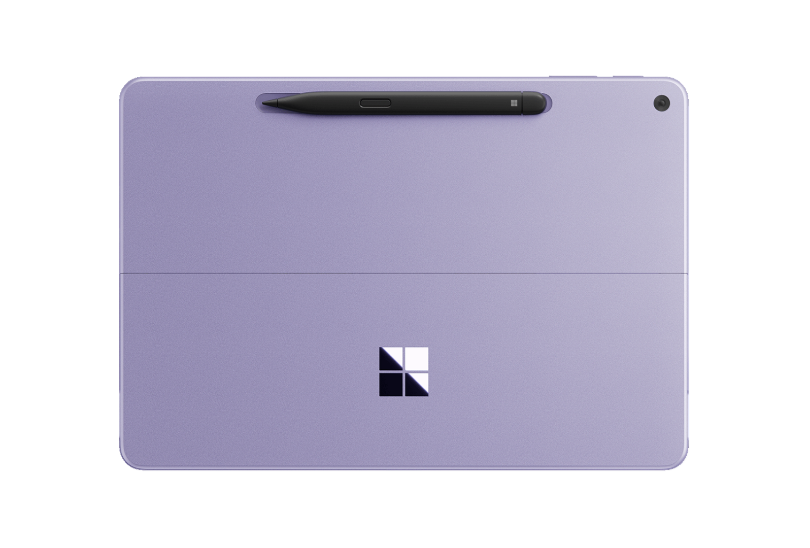 Back view of a purple Microsoft Surface tablet with a pen attached on top