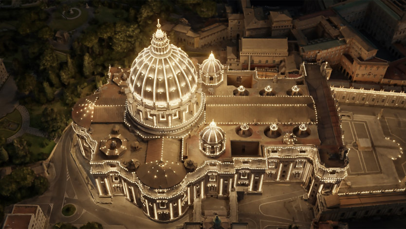 An overhead digital render of St. Peter's Basilica.