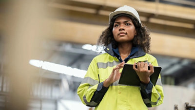 Woman wearing protective workwear using a tablet.