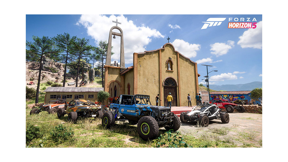 Scene from Forza Horizon 5 with offroad buggies outside a church