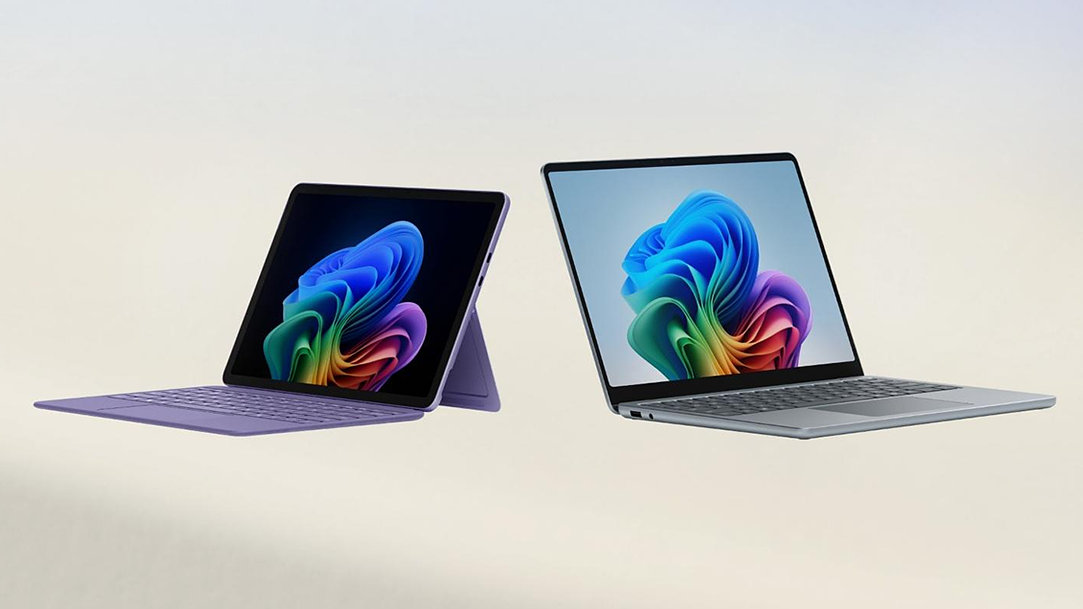 An image of a Surface Laptop and a Surface Pro with the Copilot+ PC bloom on the screen of both
