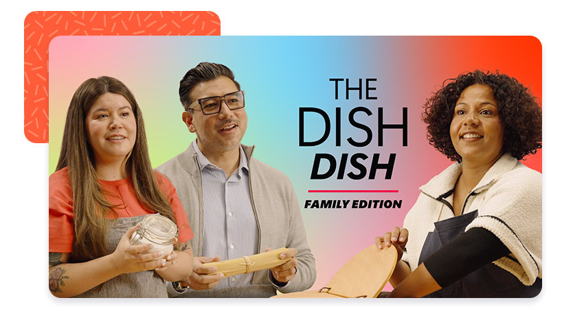 Two women and one man standing around, with kitchen utensils in their hands, and the words “The Dish Dish Family Edition” behind them