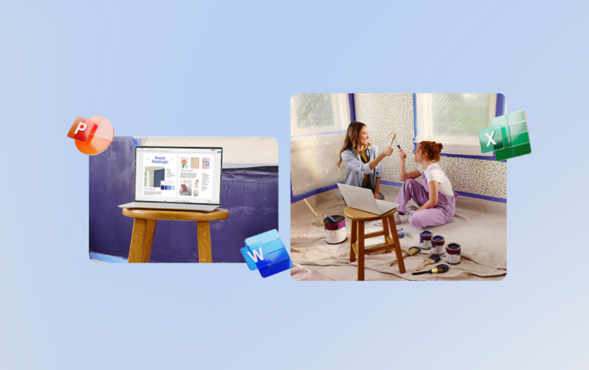 An adult and a young person paint a room next to a laptop running apps such as PowerPoint, Word, and Excel, suggesting the creative capabilities of a Microsoft 365 subscription.