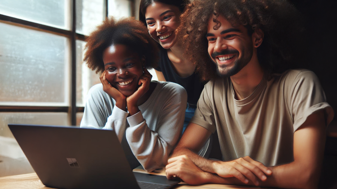A diverse group of coworkers collaborate in an office space around a computer
