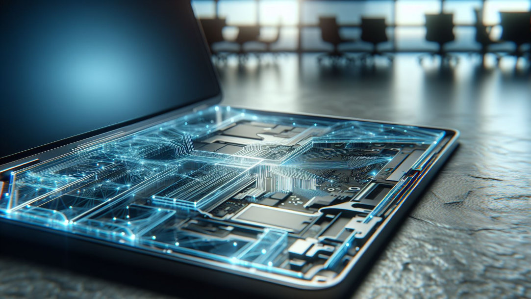 A macro view of the internal technology inside of a laptop, with minimal transparent lines in a luminous blue color