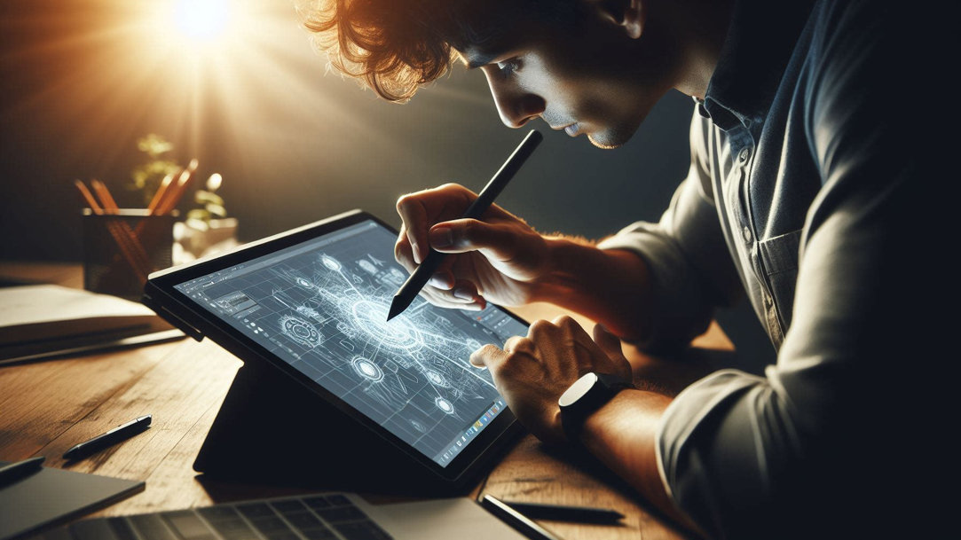 A man using a digital pen to draw on an all-in-one computer screen