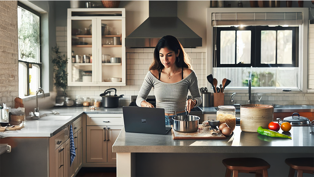 A woman in her kitchen in the middle of cooking with a black laptop on the kitchen counter
