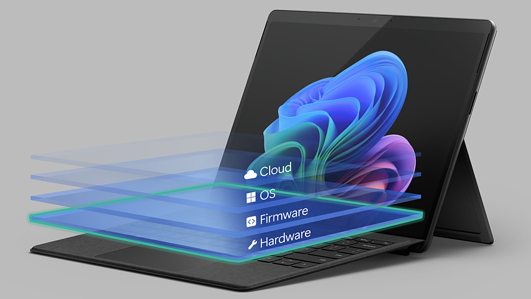 An image of a Surface Pro, Copilot+ PC with an overlay of architecture layers identified and the hardware layer highlighted, along with Windows 11 Bloom on the screen
