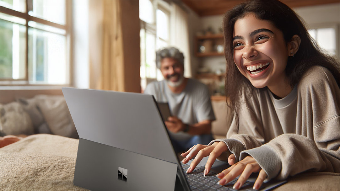 An image of a daughter at a table using a Surface Pro and a father sitting on the sofa behind her using a tablet