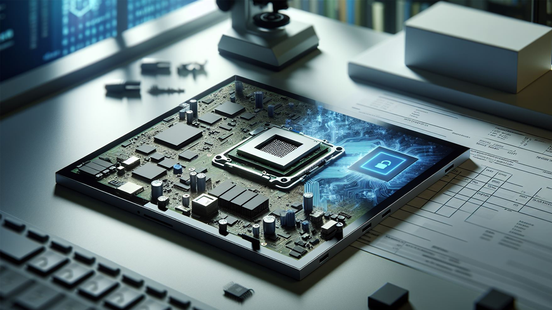An image of a laptop motherboard and CPU with security images on a desk in a laboratory