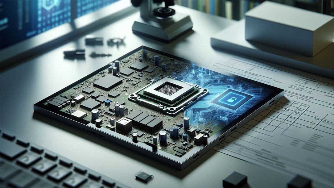 An image of a laptop motherboard and CPU with security images on a desk in a laboratory