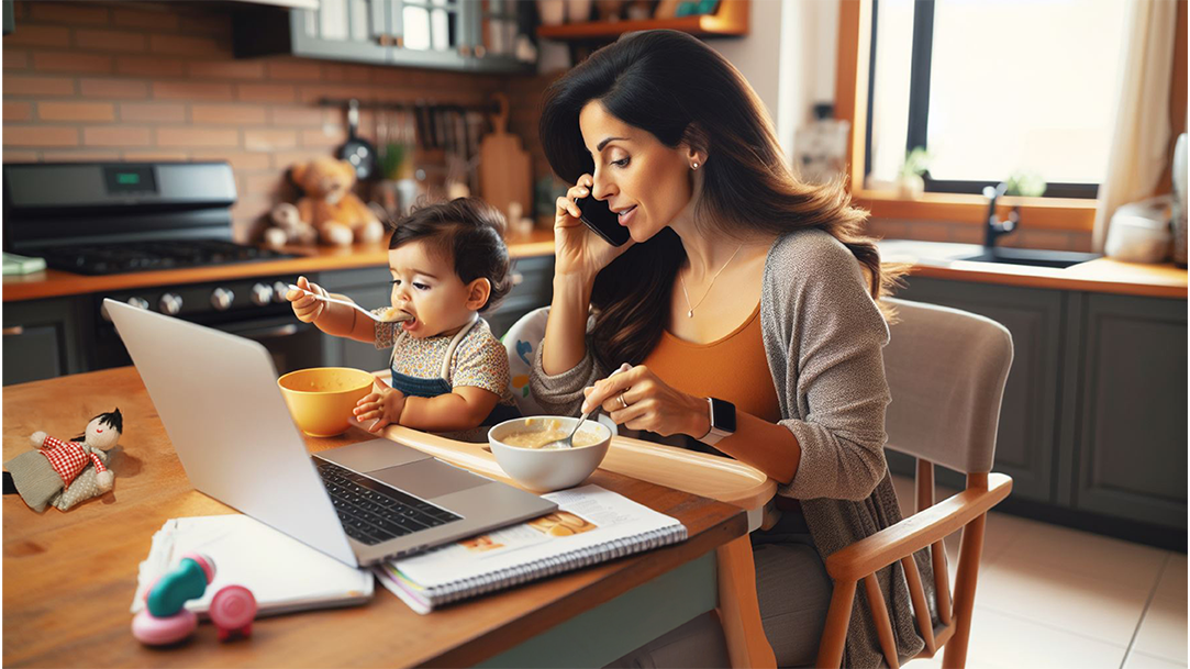 An image of a stay-at-home mom with the ability to multitask by talking on the phone while working at a laptop and feeding her child 