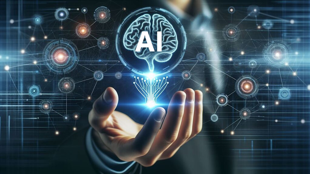 An image of an AI Icon on a hand surrounded by virtual icons of artificial intelligence and the exchange of technology