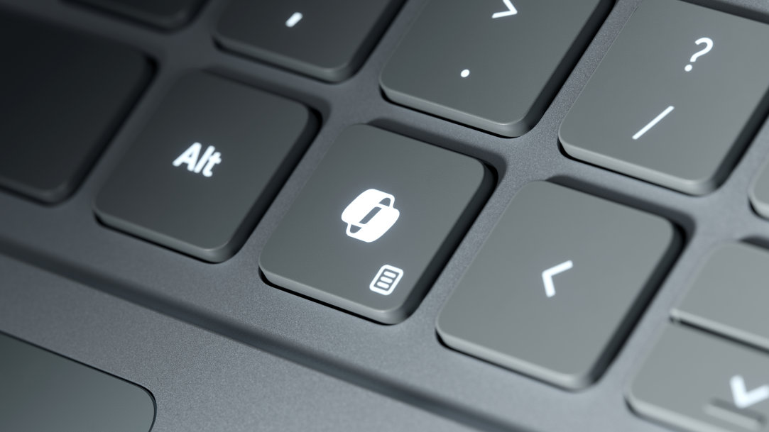 An image that shows a closeup of the Copilot key on the Surface Laptop keyboard