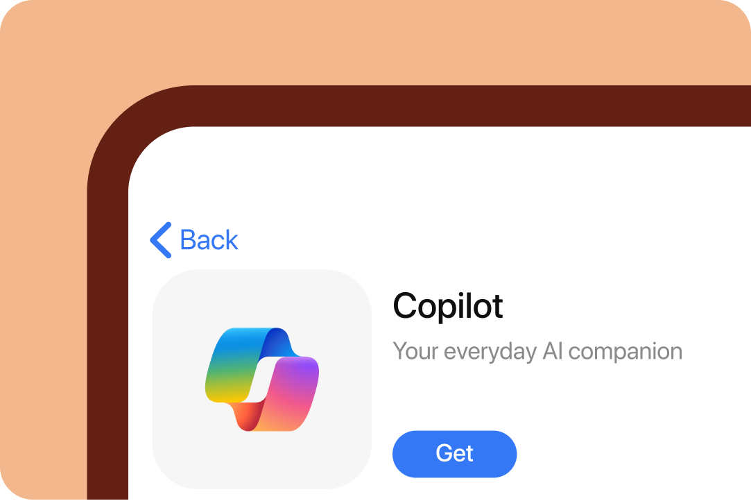 Copilot app on a mobile phone on a light orange background.