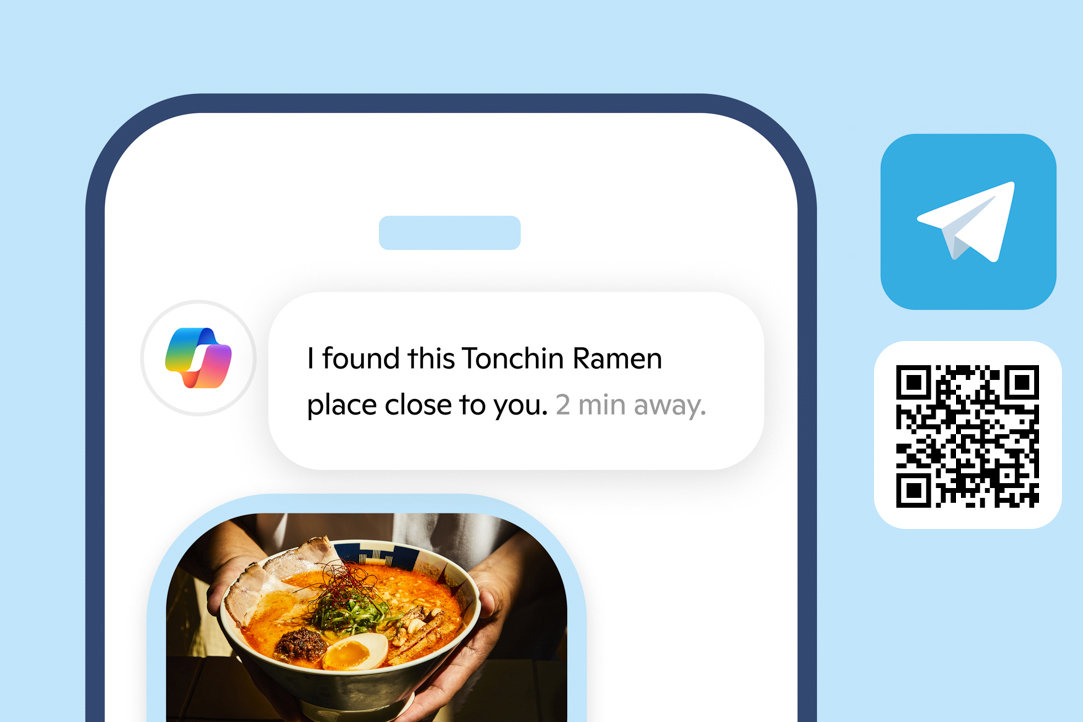 Copilot on Telegram on a mobile phone displaying a prompt text and image response with a QR code and Telegram icon to the side of the image on a light blue background