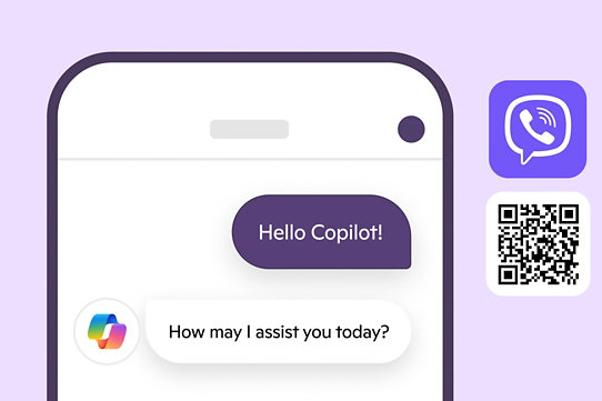 Copilot on Viber on a mobile phone displaying chat bubbles with a QR code and Viber icon to the side of the image on a light purple background