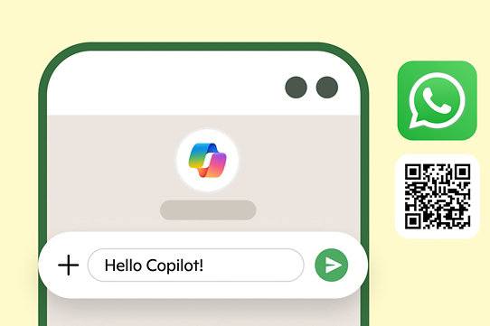 Copilot on WhatsApp on a mobile phone with an enlarged Copilot search bar on top and a QR code and WhatsApp icon to the side of the image on a light yellow background