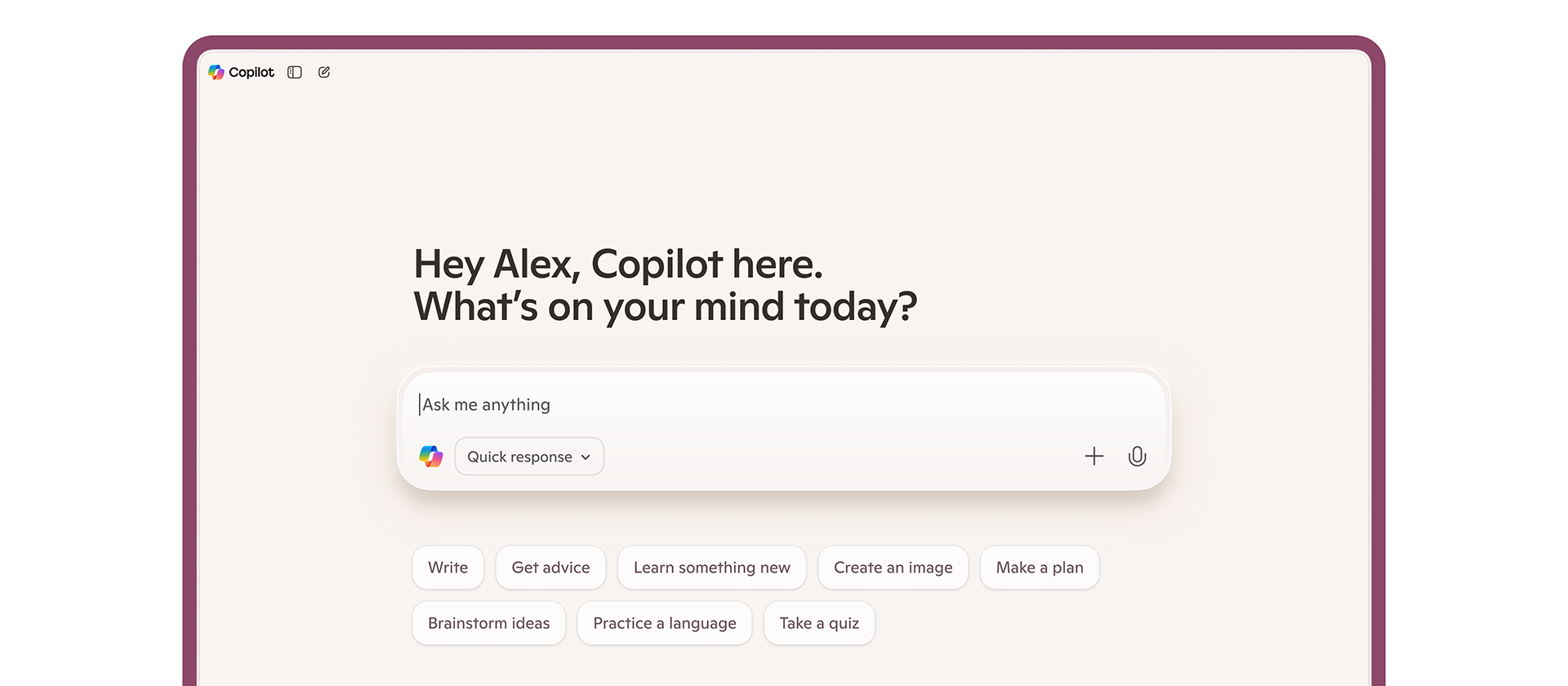 A desktop device screen with the Copilot app open on it on a pink background
