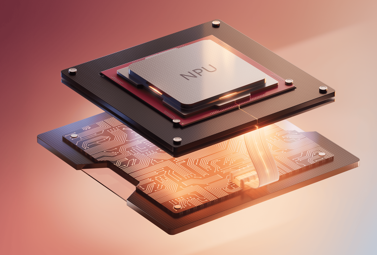 A disassembled computer chip labeled 'NPU' (Neural Processing Unit), revealing internal components with glowing circuitry and connectors. 