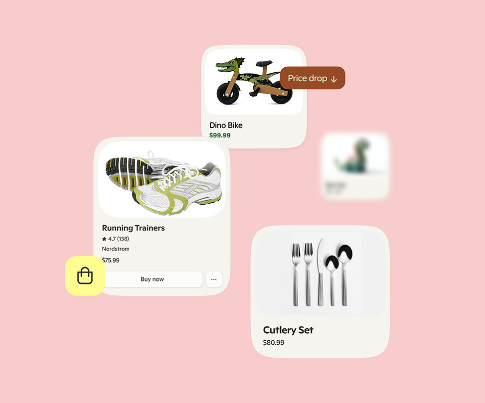 Several small shopping images with the Copilot shopping icon overlapping on a light pink background