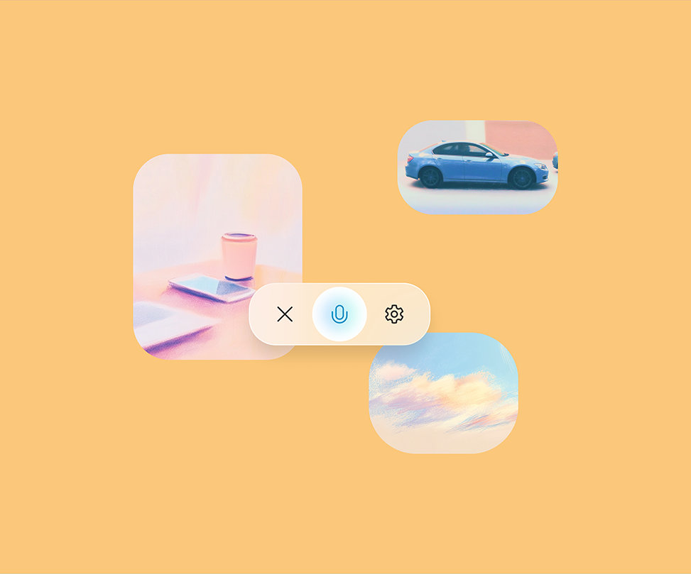 Several AI generated images of a cup and phone on a table, a blue car, and a cloudy sky scene, with the Copilot Voice icon overlapping on a light orange background