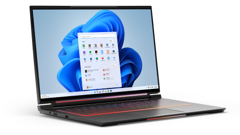 Notebook para jogos com o menu do Windows Start aberto