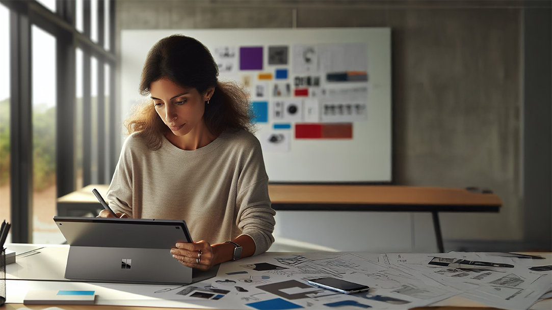 Image of a graphic designer using a Surface Pro to sketch design ideas