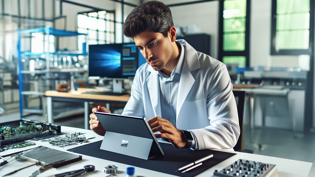 Quality technician at a desk inspecting a Surface Pro