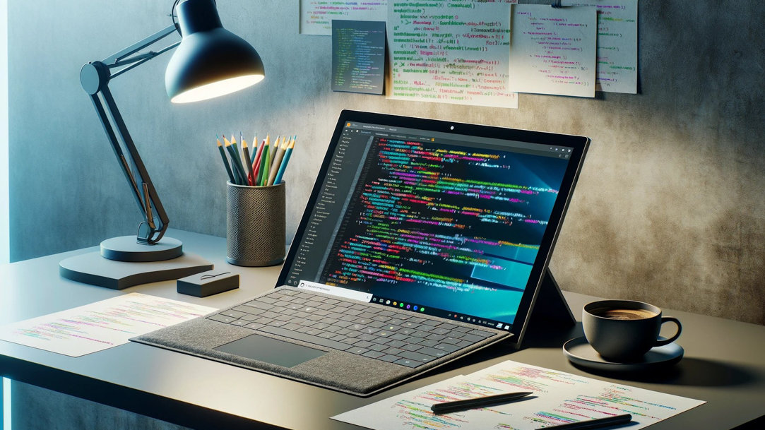 Surface device with computer code on a desk