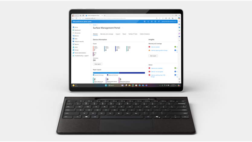 An image of a Surface Pro front facing with the keyboard detached, showing a screen with the Surface Management Portal.