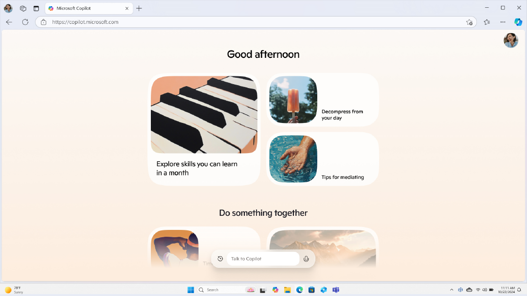 Talk to Copilot chat windows with piano, a popsicle, and a hand in water