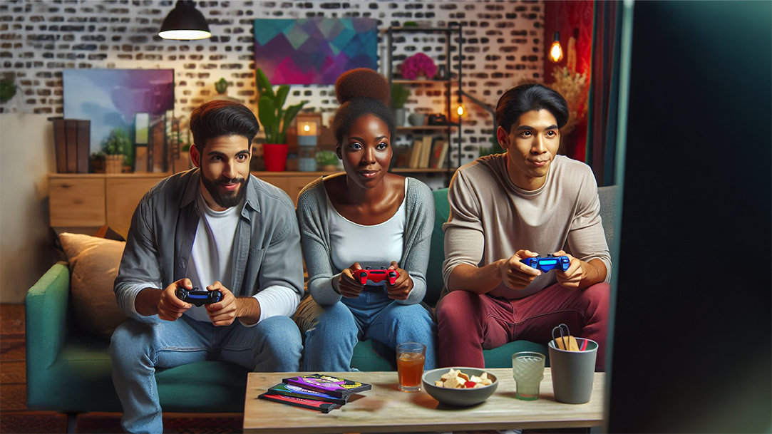 Three friends playing video games on a couch in a living room