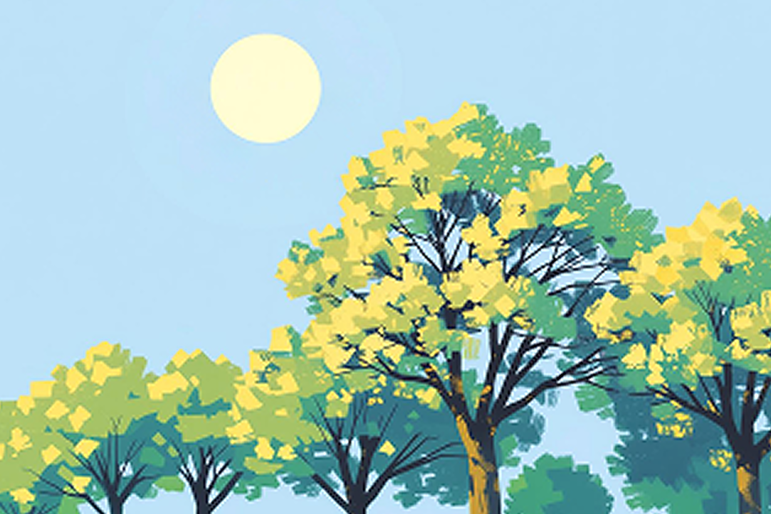 An AI generated image of the tops of trees with a full moon above them