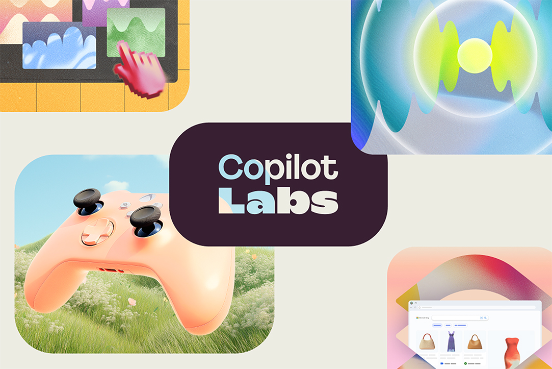 Různé obrázky funkcí Copilota zobrazené ve čtyřech rozích obrázku na krémovém pozadí se slovy Copilot Labs nahoře
