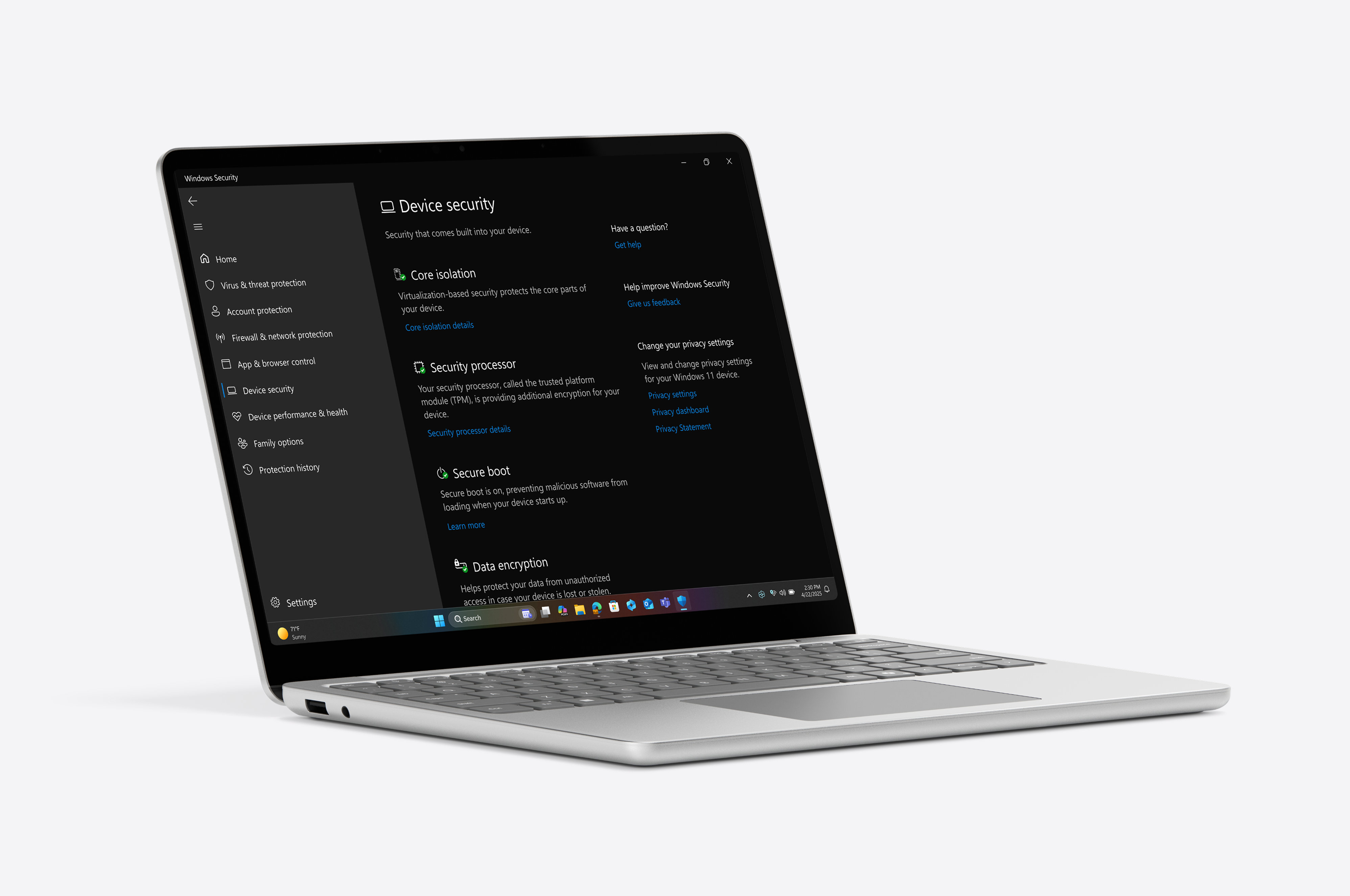 Open Surface Laptop showing security settings