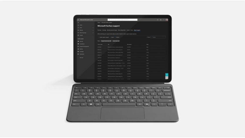 كمبيوتر لوحي يعرض خيارات دعم Surface