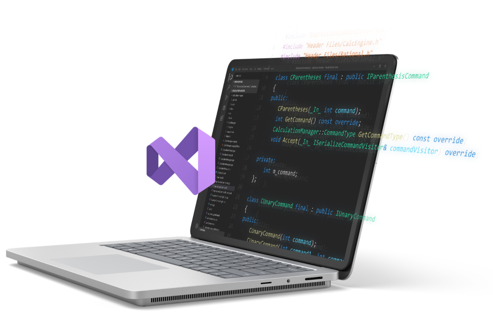 Surface Laptop Studio 2 يعرض شاشة Visual Studio مع سطور من التعليمات البرمجية وشعار Visual Studio يخرج من شاشة الجهاز.