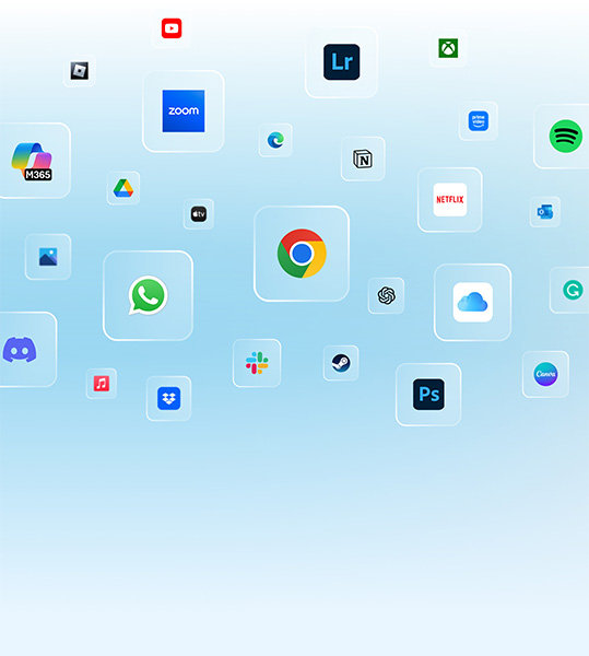 Various app logos on a gradient background.