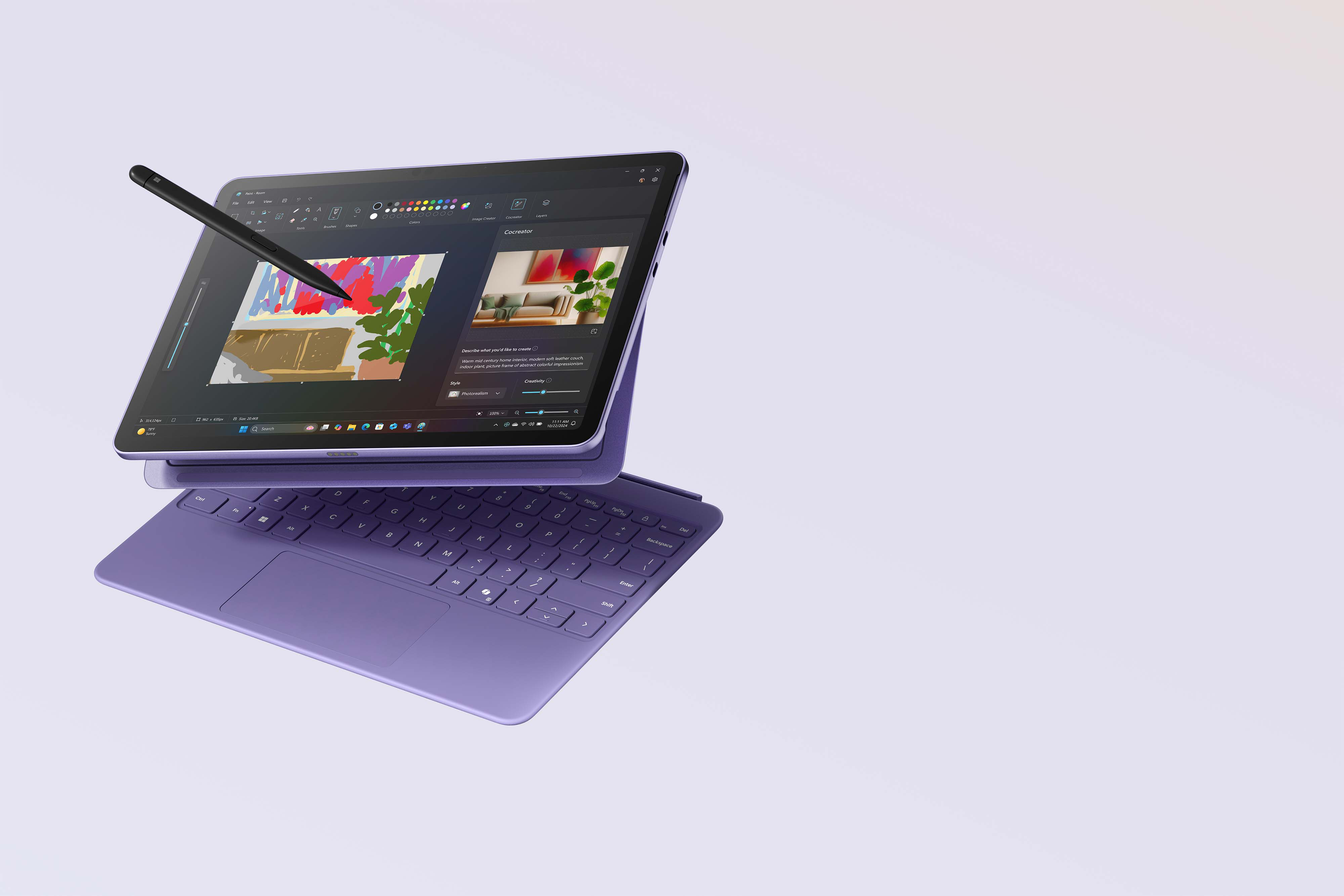 Surface Pro Violet with detached keyboard and Slim pen with color bloom screen